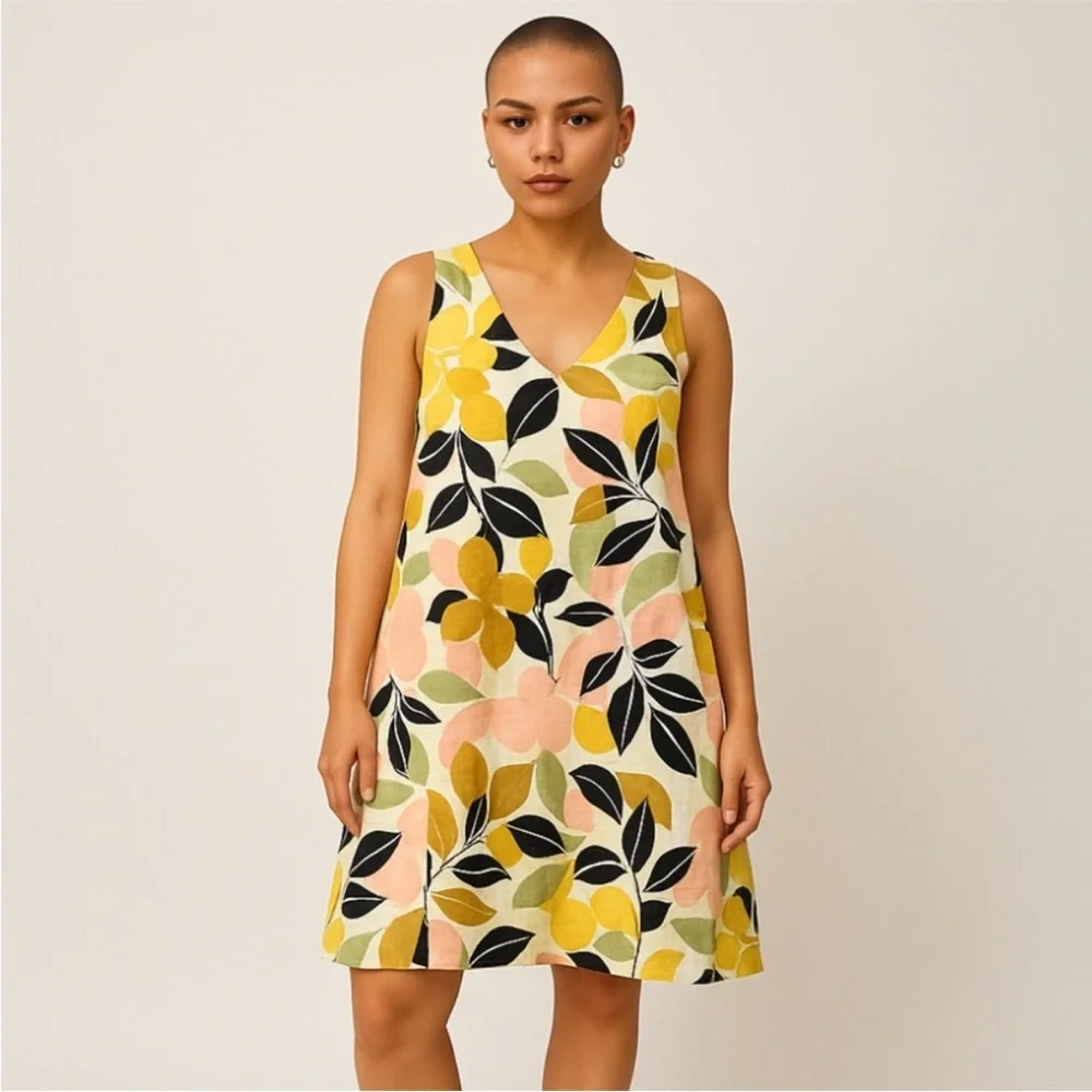 Rachel Zoe Linen Floral V Neck Sleeveless Trapeze Dress Vibrant pockets size S - Picture 5 of 14